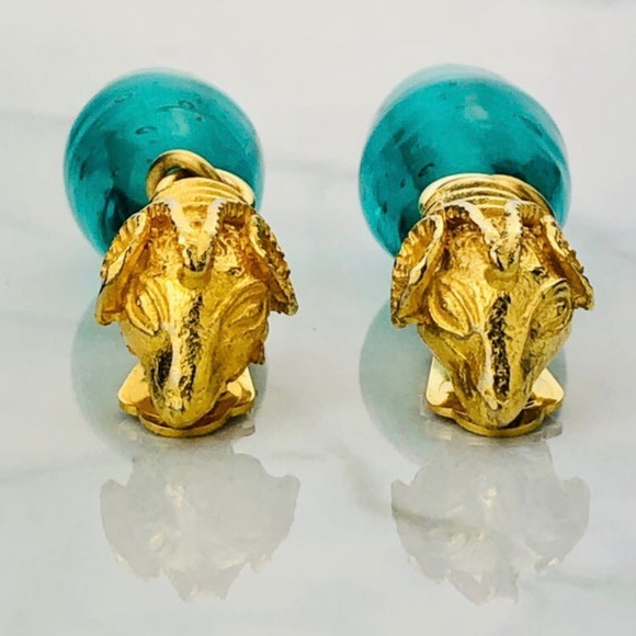 RARE VTG 80s Liza O Etruscan Ram Head Teal Colored Hand Blown Art Glass Earrings - Picture 7 of 9